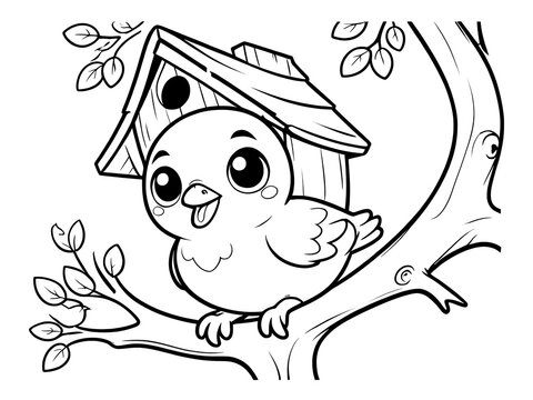 recommend clip art: Adorable Cartoon Bird Perched on Branch Near Birdhouse