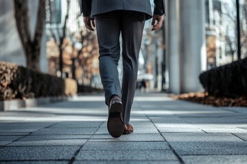 A man wearing a suit and brown shoes walks down a sidewalk