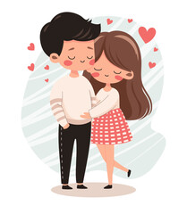 Cartoon Young Couple of Girl and Boy in Love.