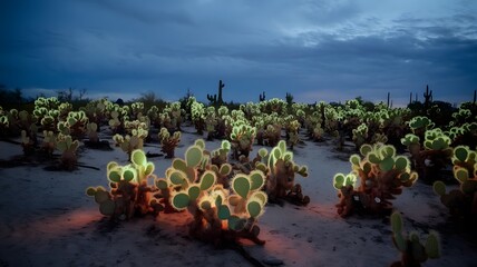 A photo of a field of cacti with the cacti emitting a soft, bioluminescent glow in the twilight. The sky is overcast, with dark clouds. The ground is sandy, and a few rocks are scattered about. The ov