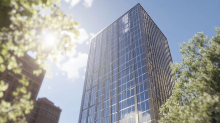 Towering Glass Skyscraper Reflecting Sunlight Amidst Nature