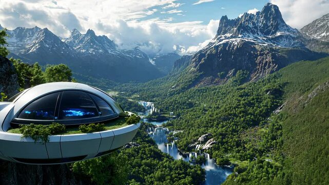 futuristic dome shape house at green lush jungle landscape 