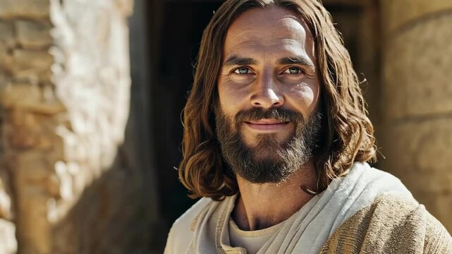 Jesus Crist standing in peacefully at outdoor of ancient town