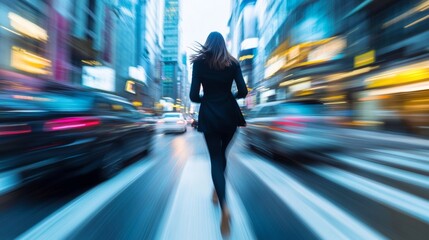 business woman hurry up and running in business city street for rush hour as motion blur