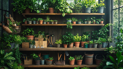 Lush indoor garden with potted plants and gardening tools on wooden shelves