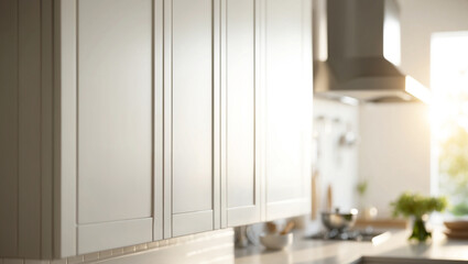 white wall cabinets with metallic handles in a contemporary kitchen, shown in a close-up perspective. The background is softly blurred, hinting at a bright kitchen bathed in warm morning sunlight.