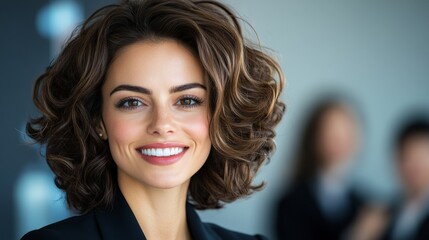 A woman with a short haircut and a smile on her face. She is wearing a black suit and is surrounded by other people