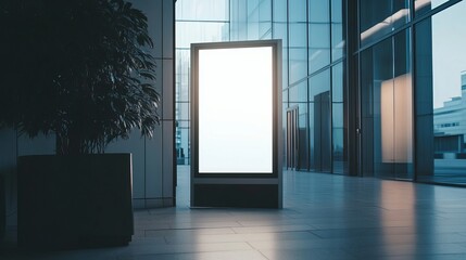 Corporate branding white blank billboard or picture frame mockup in a modern office entrance or reception area,