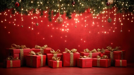Christmas tree themed many red gifts boxes with golden ribbons on red solid backdrop table, Christmas themed decors and string lightings hanging from above, Christmas background, copy