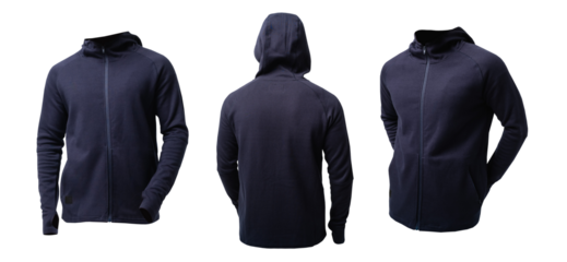 Navy blue thumb holes hooded jacket with ghost model concept isolated in transparent background seen in 3 angles: front view, back view, 45 degree view