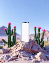 Smartphone mockup on a rock background with plants