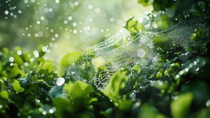 Dewdrops glisten on a spiderweb nestled in lush green foliage