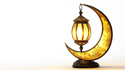 Ramadan lamp in the shape of a crescent moon, isolated on a white background. Studio shot, photorealistic, 3D rendering