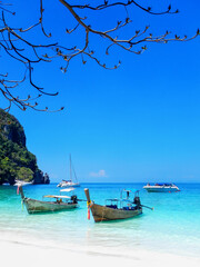 Longtail boats anchored at Ao Yongkasem beach on Phi Phi Don Island, Krabi Province, Thailand
