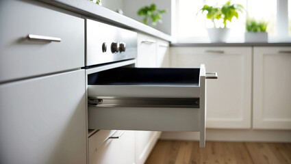 a minimalist white kitchen drawer with a metallic handle, slightly pulled out. The background features a blurred, sunlit kitchen with hints of green plants.