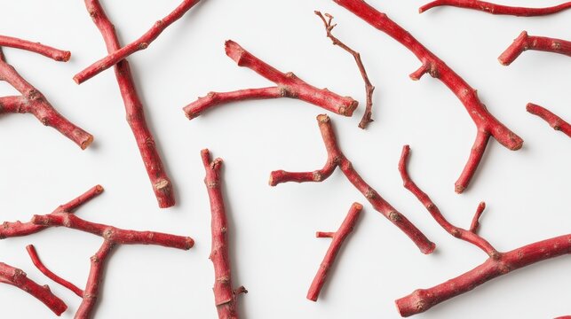Artistic flat-lay of Indian madder (rak) root on white background with rich red hues and organic patterns.