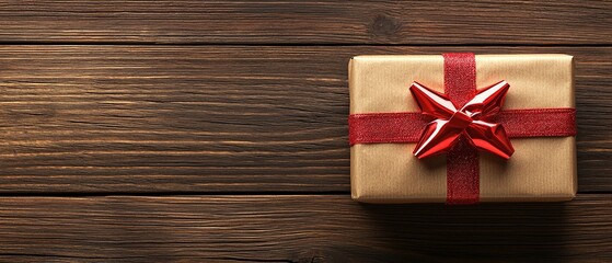 Fototapeta premium Weihnachtsgeschenk mit roter Schleife auf rustikalem Holztisch 