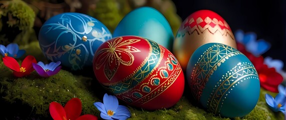 Fototapeta premium Closeup of intricately painted Easter eggs patterns in vivid blues reds greens and golds resting on a soft bed of moss and petals