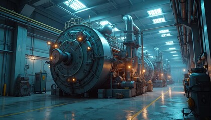 Large industrial nuclear reactor or power plant equipment with multiple cylindrical chambers and pipes located in a large industrial facility