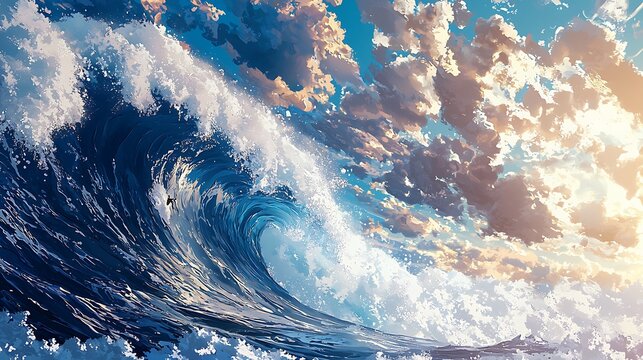 Majestic Ocean Wave Crashing Under a Dramatic Sunset Sky.