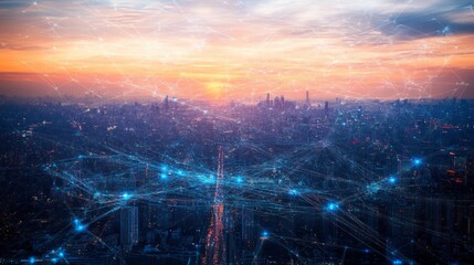 Obraz premium Dusk cityscape with vibrant sunset sky, bustling streets, illuminated buildings, and a network of interconnected lines symbolizing connectivity.