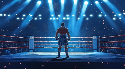 Fototapeta premium A lone boxer stands in the center of a brightly lit boxing ring, facing away from the camera, ready for the fight.