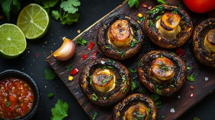 Garlic mushrooms roasted champignons with chopped onion