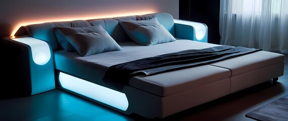 Fototapeta premium Foldable bed integrated into a stylish couch with hidden compartments for blankets and pillows