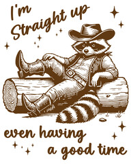 Raccoon lounging on a log, wearing a cowboy hat. Retro Meme Vintage, Funny Raccoon. © Sugarpalm