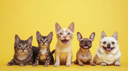 Obraz premium Group of cats and dogs isolated on yellow background, Banner.