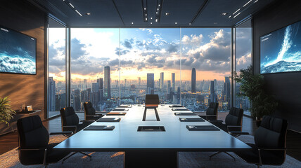 Modern conference room with LED screens, minimalist decor, high-rise view