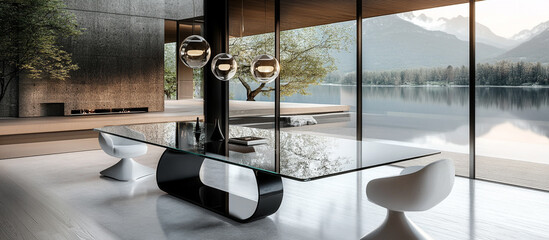 Modern dining area with sleek glass table and minimalist decor
