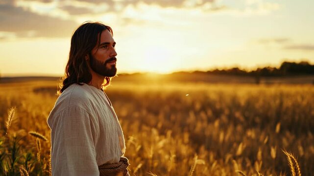 Jesus Christ standing at the gold wheat field ready for harvest season at evening sunset 