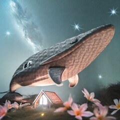 고요하고 몽환적인 빛나는 하늘 아래를 비행하는 거대한 고래, 꽃이 핀 초원 위의 오두막 일러스트 