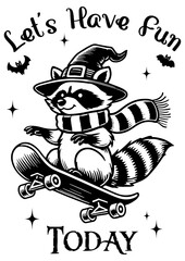 Raccoon Witch. Raccoon on Skateboard, Halloween, Retro Meme Vintage, Funny Raccoon. © Sugarpalm