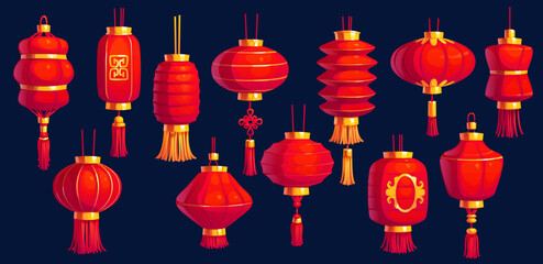 Cartoon chinese festival red lanterns, asian chinatown lamps, vector New Year hanging decoration of China, Japan and Korea. Red paper chinese lanterns with tassels, oriental gold ornaments and knots © Vector Tradition