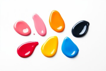 Row of paint splatters on a white background, with each splatter a different color. The splatters are arranged in a circular pattern, with the colors ranging from red to blue