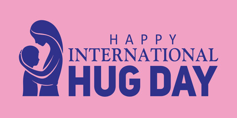 Happy international hug day typography. Silhouette of adult hugging child. Pink heart background. Vector art illustration.