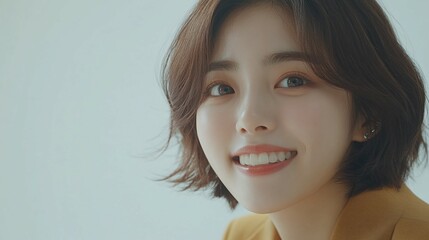 Fototapeta premium Young Woman Smiling with Short Brown Hair