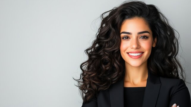Woman with long hair is smiling and posing for a picture. She is wearing a black jacket and she is confident and happy - Powered by Adobe