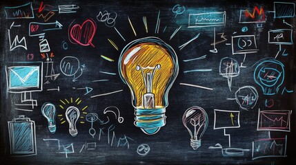 Innovative Light Bulbs Doodles on Blackboard with Yellow Lightbulb Center, Creative and Chaotic Arrangement