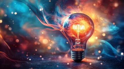 Digital illustration of glowing light bulb on dark surface with colorful bokeh background and white dots.