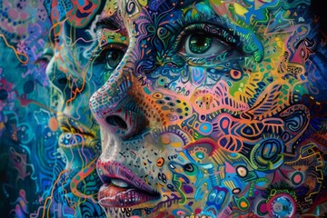 Naklejka premium This artwork features two faces merging into each other, adorned with vibrant patterns and colors that create a mesmerizing and surreal effect.