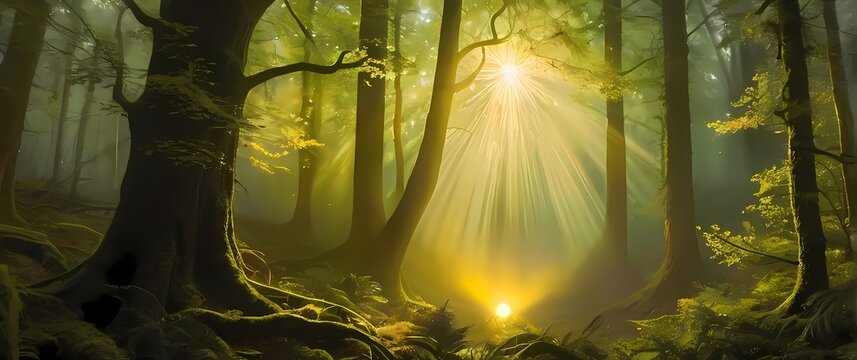 Oilpainting of Baldr radiating with light his golden hair shining in a tranquil forest setting painted in warm yellows soft greens and heavenly whites