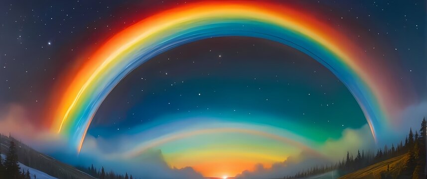 Oilpainting of Bifrost the rainbow bridge arching through a starfilled sky its radiant bands painted in vivid red orange yellow green and blue hues