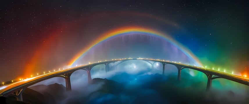 Oilpainting of Bifrost the rainbow bridge arching through a starfilled sky its radiant bands painted in vivid red orange yellow green and blue hues