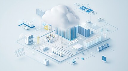 Fototapeta premium Isometric Cloud Computing System Concept with Servers Connected in Grid Pattern and Varied Data Storage Units.