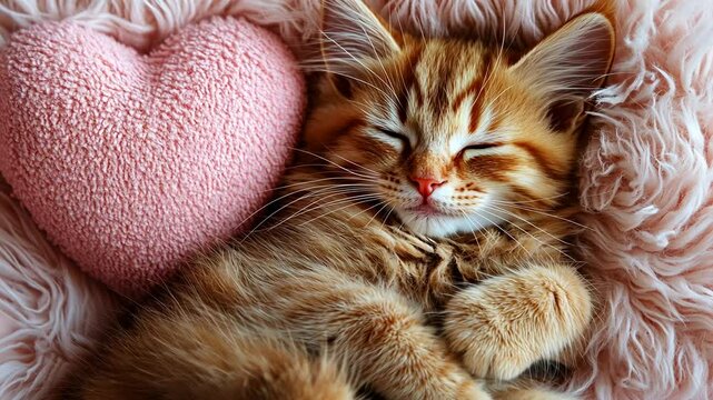 video of cute fluffy sleeping kitten and soft toy heart, love, valentine's day, pet, domestic animal, little cat