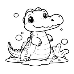 Fototapeta premium Adorable Baby Alligator Coloring Page: A Cute Cartoon Reptile Illustration