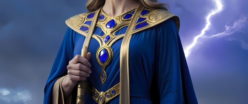 Oilpainting of Frigg the queen of Asgard draped in royal blue and gold robes standing beside her spindle with a serene sky of soft gray and pale lavender